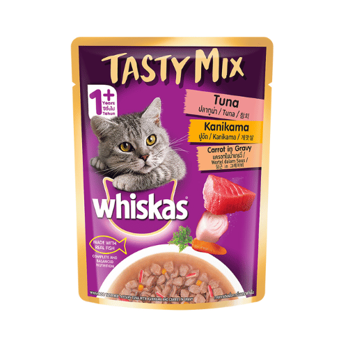 Whiskas Adult (1+ year) Tasty Mix Wet Cat Food Made With Real Fish, Tuna With Kanikama And Carrot in Gravy