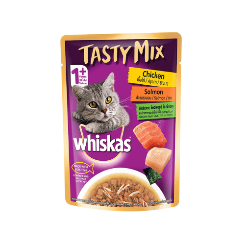 Whiskas Adult (1+ Year) Tasty Mix Wet Cat Food Made With Real Fish, Chicken With Salmon Wakame Seaweed in Gravy